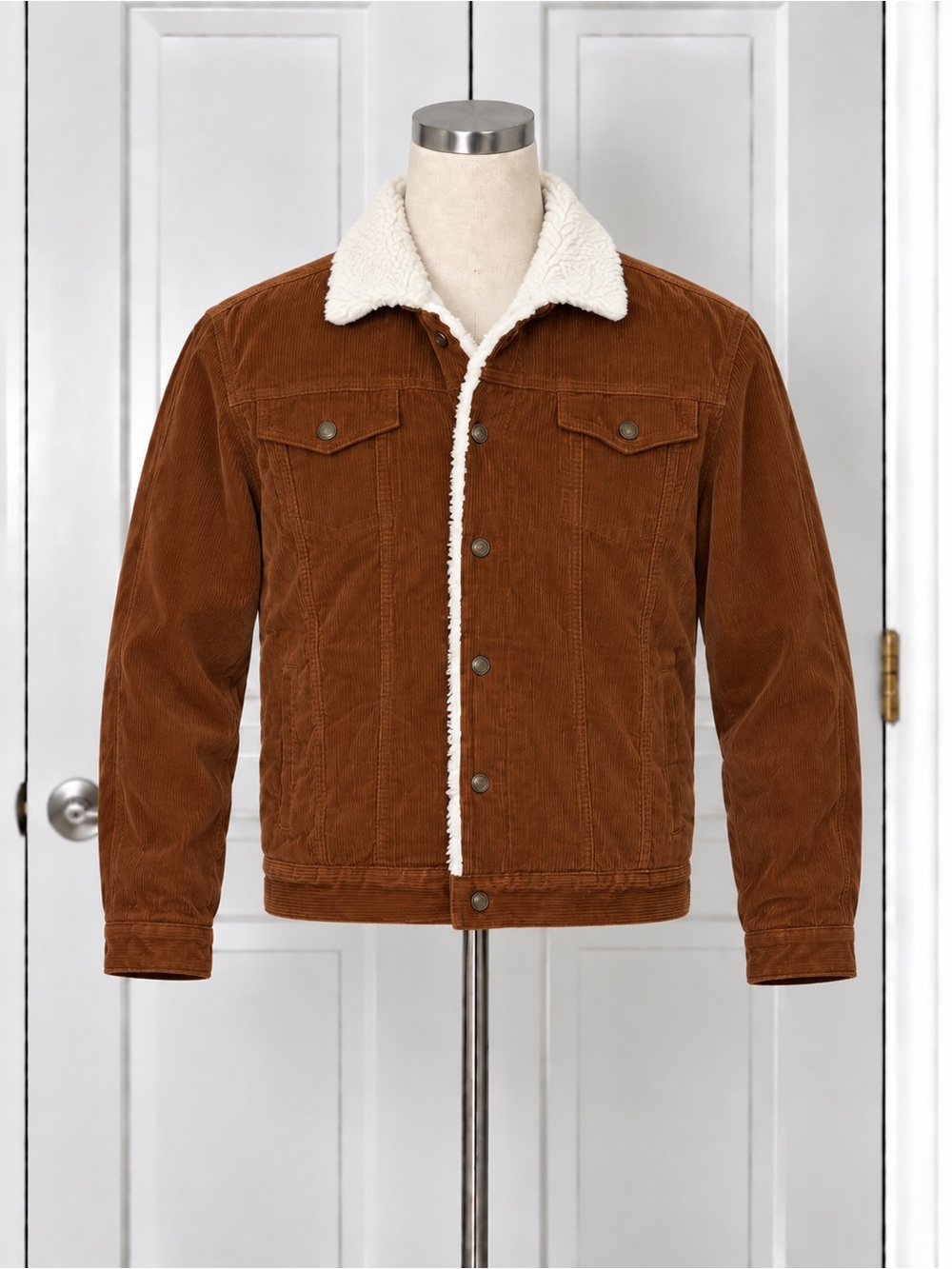 George Men's Brown Corduroy Sherpa Lined Trucker Jacket Button Size L